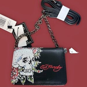 Ed Hardy Black Mini Crossbody Bag with Skull Design NWT